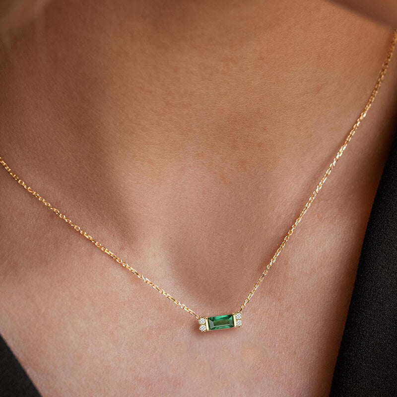 Classic Golden Baguette Cut Emerald & White Sapphire Pendant Necklace For Women