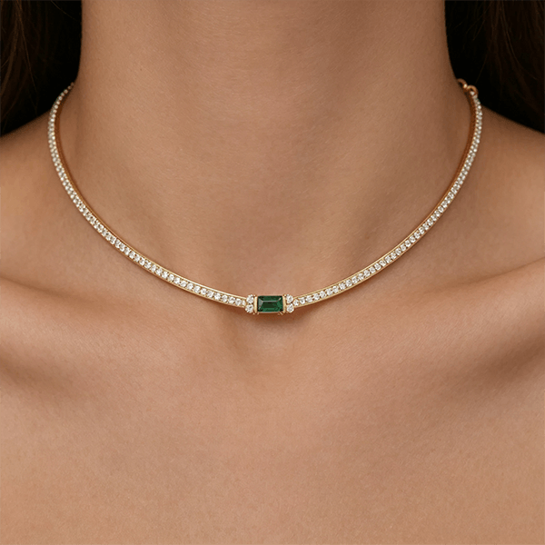 Luxury Jewelry Classic Golden Baguette Cut Emerald & White Sapphire Tennis Necklace For Women