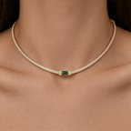 Luxury Jewelry Classic Golden Baguette Cut Emerald & White Sapphire Tennis Necklace For Women