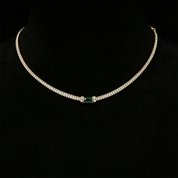 Luxury Jewelry Classic Golden Baguette Cut Emerald & White Sapphire Tennis Necklace For Women