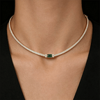 Luxury Jewelry Classic Golden Baguette Cut Emerald & White Sapphire Tennis Necklace For Women