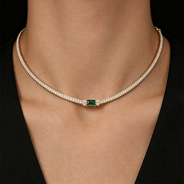Luxury Jewelry Classic Golden Baguette Cut Emerald & White Sapphire Tennis Necklace For Women