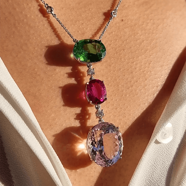 Multicolour Oval Cut Pink & Ruby & Emerald Sapphire Pendant Necklace For Women