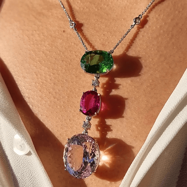 Multicolour Oval Cut Pink & Ruby & Emerald Sapphire Pendant Necklace For Women