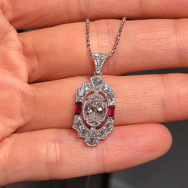Luxury Jewelry Art Deco Halo Oval Cut White Sapphire Pendant Necklace For Women