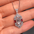 Luxury Jewelry Art Deco Halo Oval Cut White Sapphire Pendant Necklace For Women