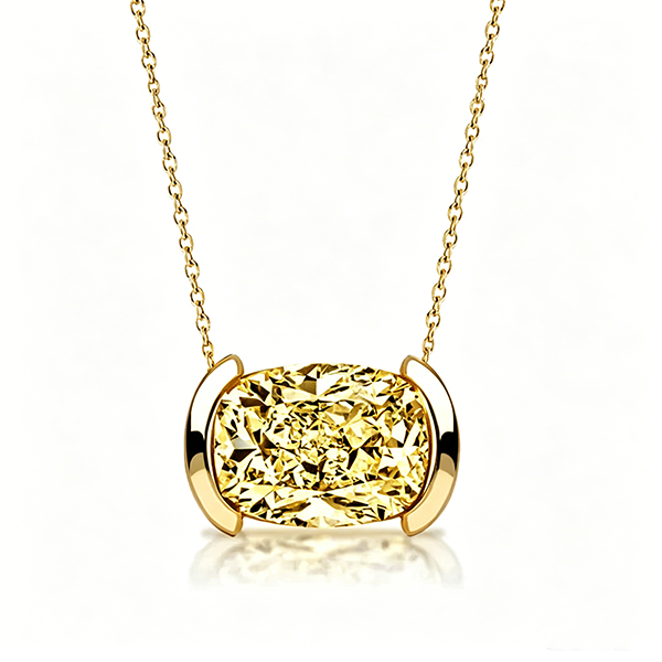 Classic Half Bezel Cushion Cut Canary Sapphire Pendant Necklace For Women