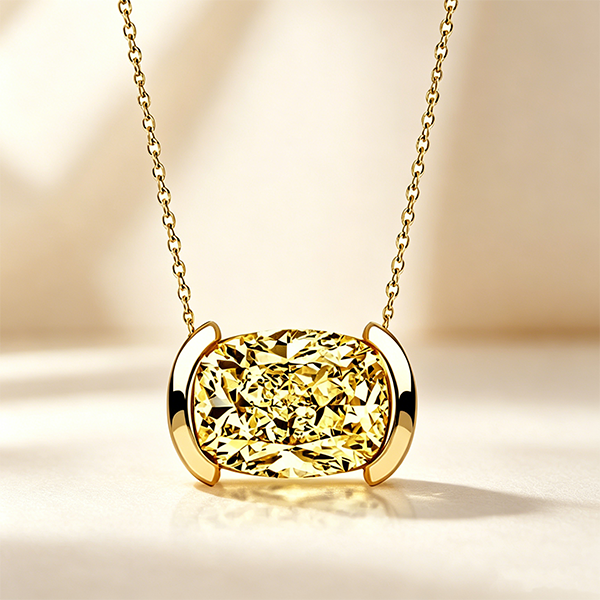 Classic Half Bezel Cushion Cut Canary Sapphire Pendant Necklace For Women