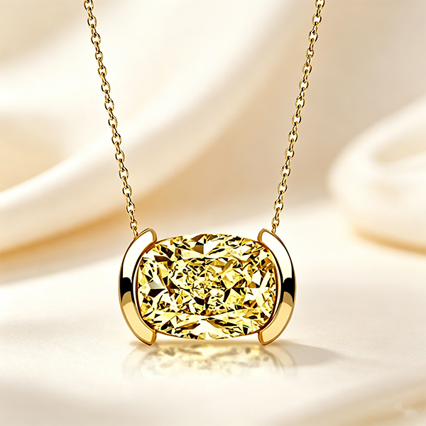 Classic Half Bezel Cushion Cut Canary Sapphire Pendant Necklace For Women