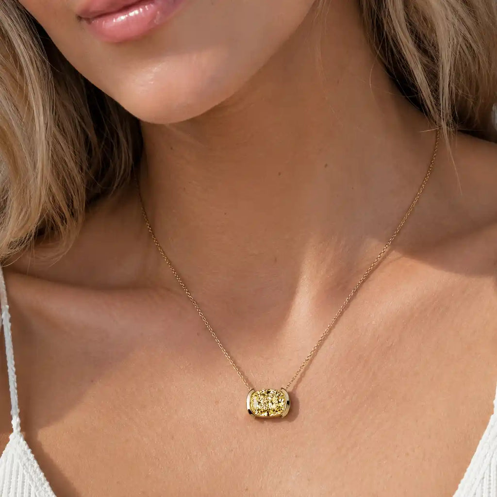 Classic Half Bezel Cushion Cut Canary Sapphire Pendant Necklace For Women