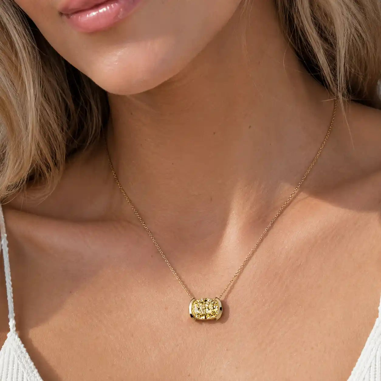 Classic Half Bezel Cushion Cut Canary Sapphire Pendant Necklace For Women