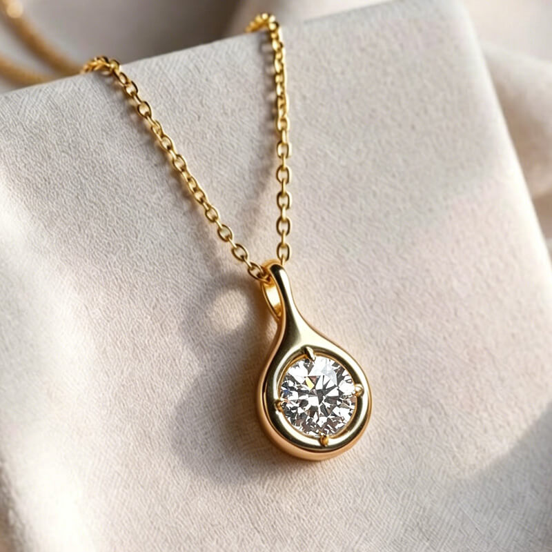Solitaire Yellow Gold Bezel Round Cut White Sapphire Pendant Necklace For Women