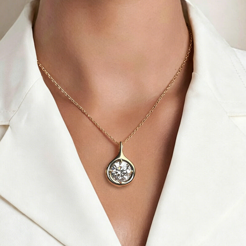 Solitaire Yellow Gold Bezel Round Cut White Sapphire Pendant Necklace For Women
