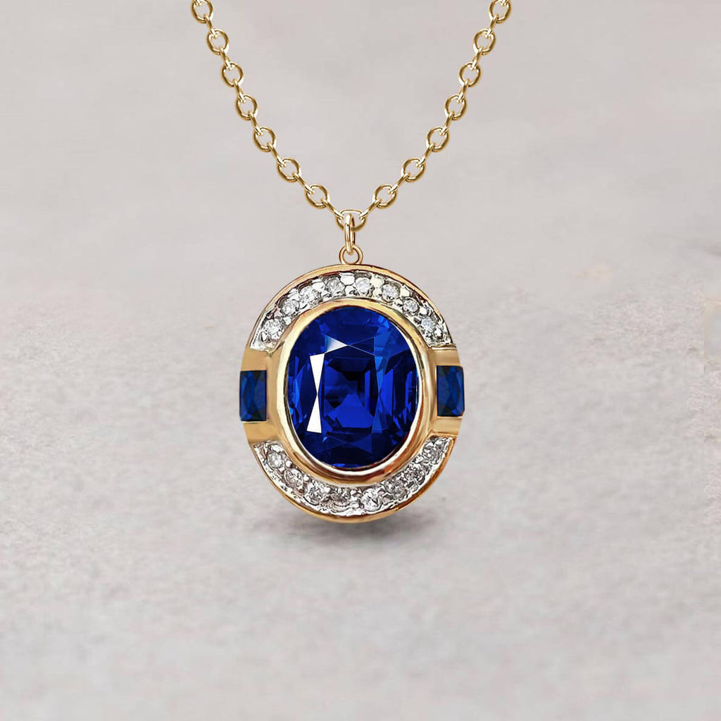 Art Deco Two Tone Oval Cut Blue Sapphire Pendant Necklace For Women