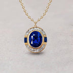 Art Deco Two Tone Oval Cut Blue Sapphire Pendant Necklace For Women