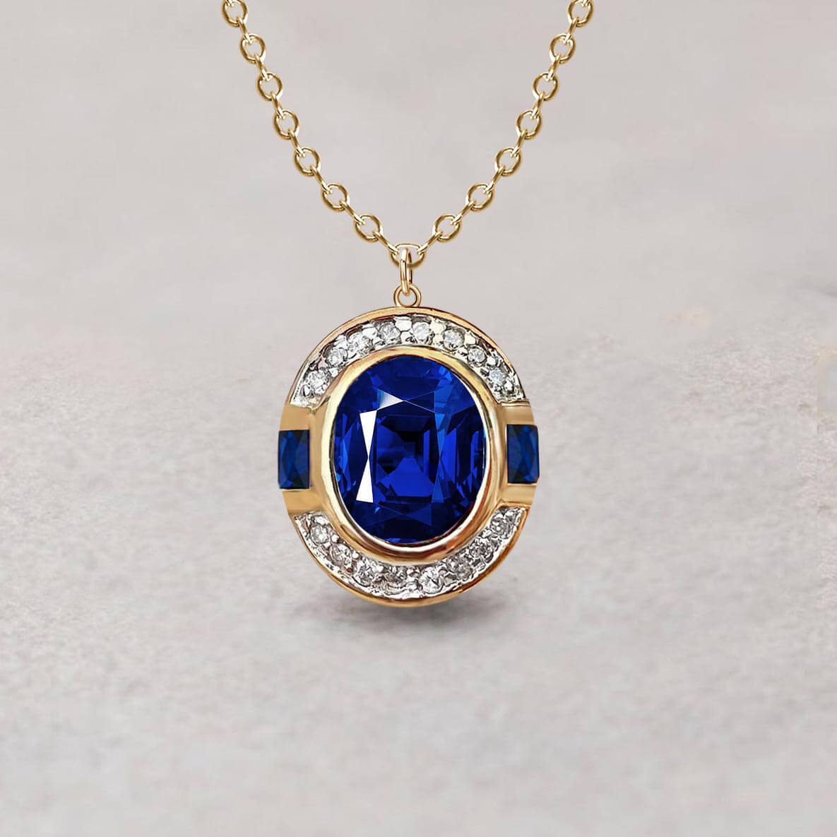 Art Deco Two Tone Oval Cut Blue Sapphire Pendant Necklace For Women