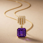 Yellow Gold Asscher Cut Amethyst Sapphire Pendant Necklace For Women
