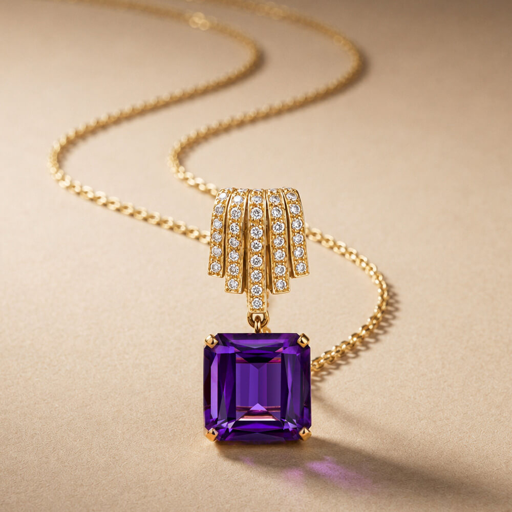 Yellow Gold Asscher Cut Amethyst Sapphire Pendant Necklace For Women