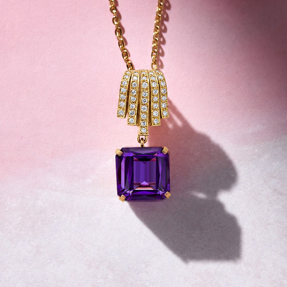 Yellow Gold Asscher Cut Amethyst Sapphire Pendant Necklace For Women