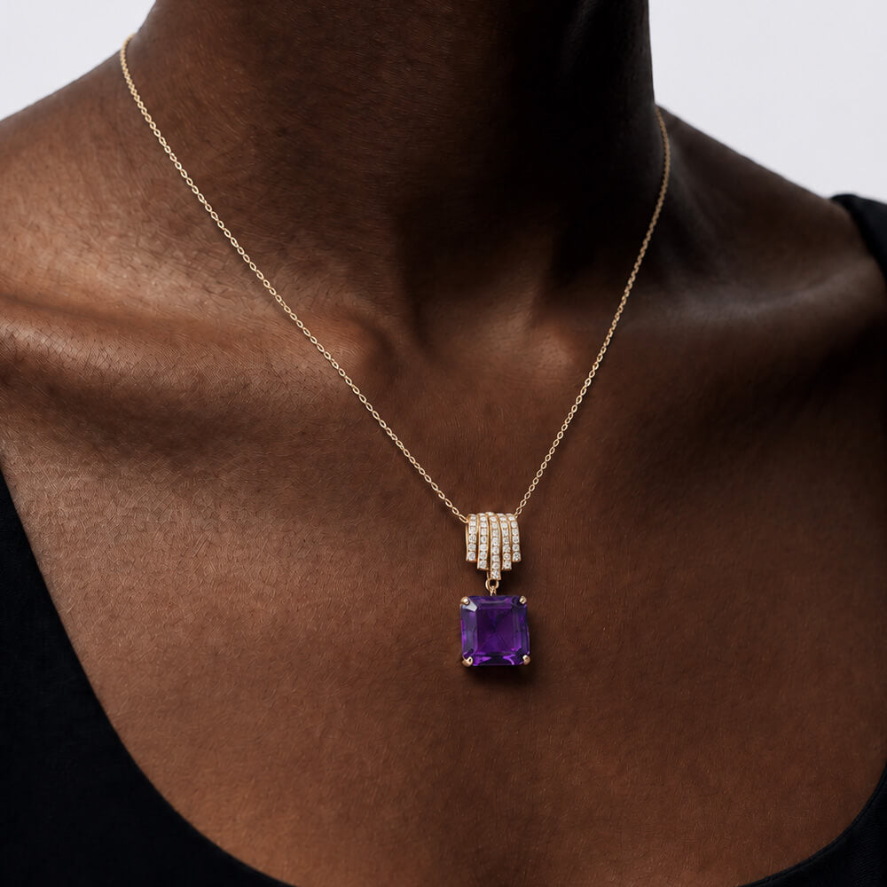 Yellow Gold Asscher Cut Amethyst Sapphire Pendant Necklace For Women