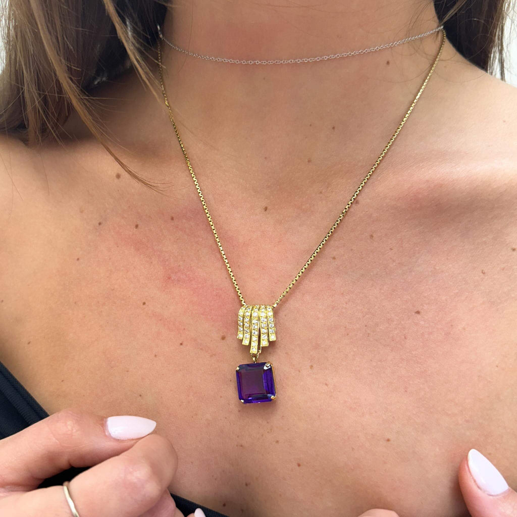 Yellow Gold Asscher Cut Amethyst Sapphire Pendant Necklace For Women