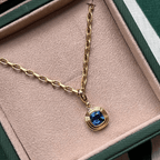Fashion Solitaire Yellow Gold Bezel Cushion Cut Blue Sapphire Pendant Necklace For Women