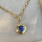 Fashion Solitaire Yellow Gold Bezel Cushion Cut Blue Sapphire Pendant Necklace For Women