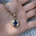 Fashion Solitaire Yellow Gold Bezel Cushion Cut Blue Sapphire Pendant Necklace For Women