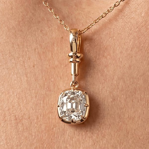 Yellow Gold Bezel Cushion Cut White Sapphire Charm Gold Chain Pendant Necklace For Women