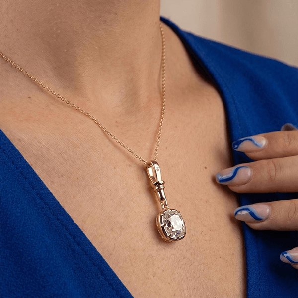 Yellow Gold Bezel Cushion Cut White Sapphire Charm Gold Chain Pendant Necklace For Women