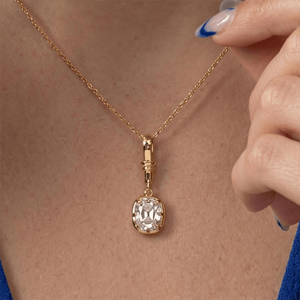 Yellow Gold Bezel Cushion Cut White Sapphire Charm Gold Chain Pendant Necklace For Women