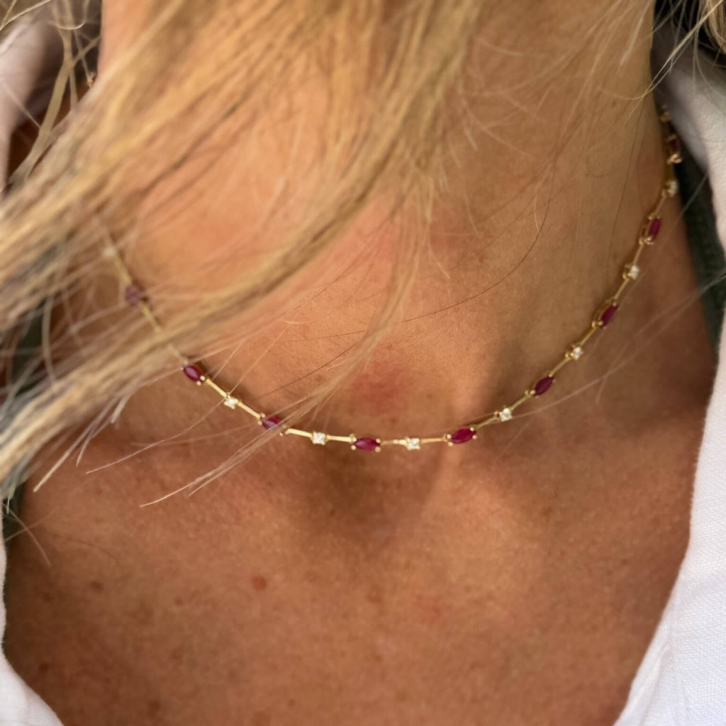 Yellow Gold Marquise & Round Cut Ruby Sapphire Tennis Necklace For Women