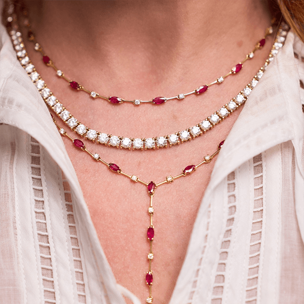 Yellow Gold Marquise & Round Cut Ruby Sapphire Tennis Necklace For Women