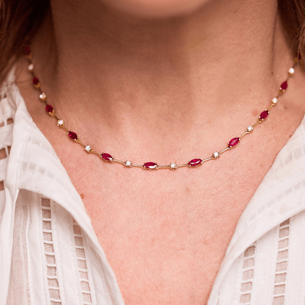 Yellow Gold Marquise & Round Cut Ruby Sapphire Tennis Necklace For Women