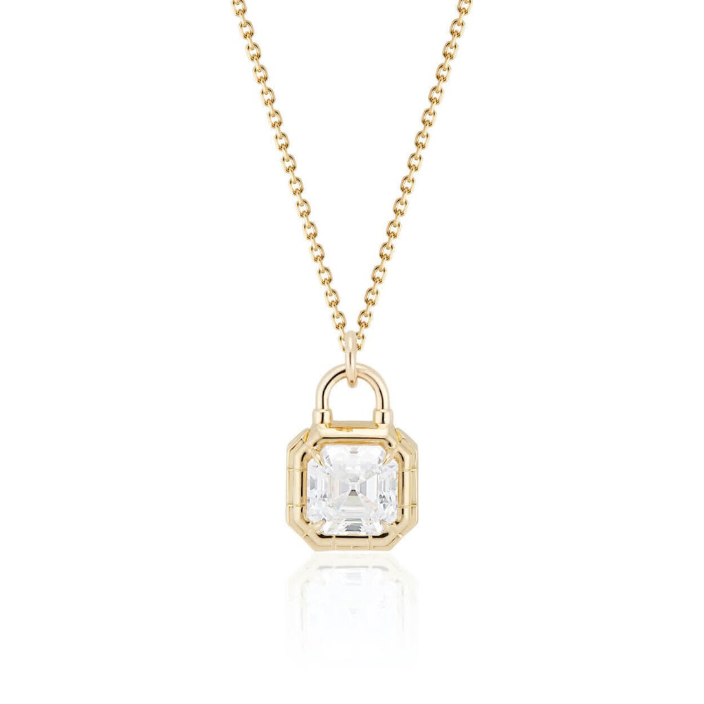 Lock Design Solitaire Asscher Cut White Sapphire Pendant Necklace For Women