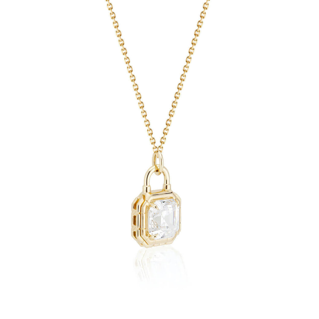 Lock Design Solitaire Asscher Cut White Sapphire Pendant Necklace For Women