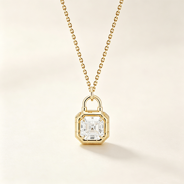 Lock Design Solitaire Asscher Cut White Sapphire Pendant Necklace For Women