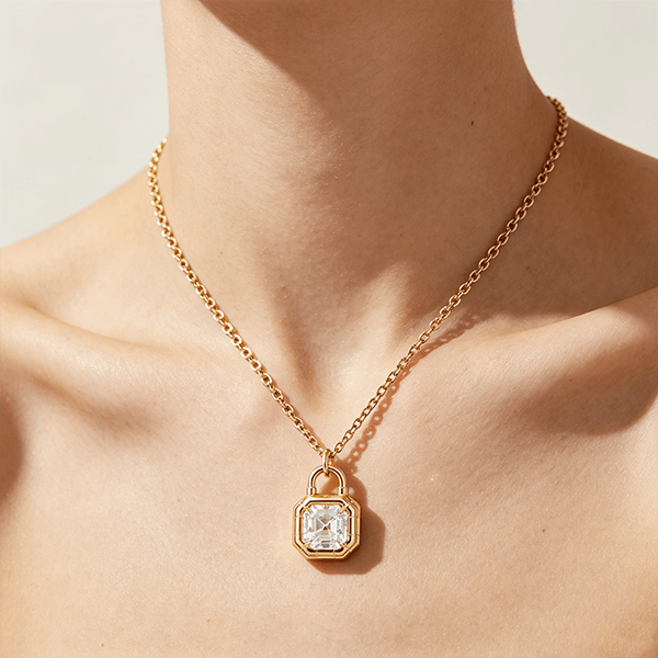 Lock Design Solitaire Asscher Cut White Sapphire Pendant Necklace For Women