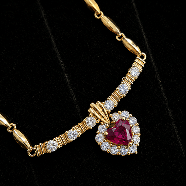 Vintage Halo Yellow Gold Heart Cut Ruby Sapphire Pendant Necklace For Women