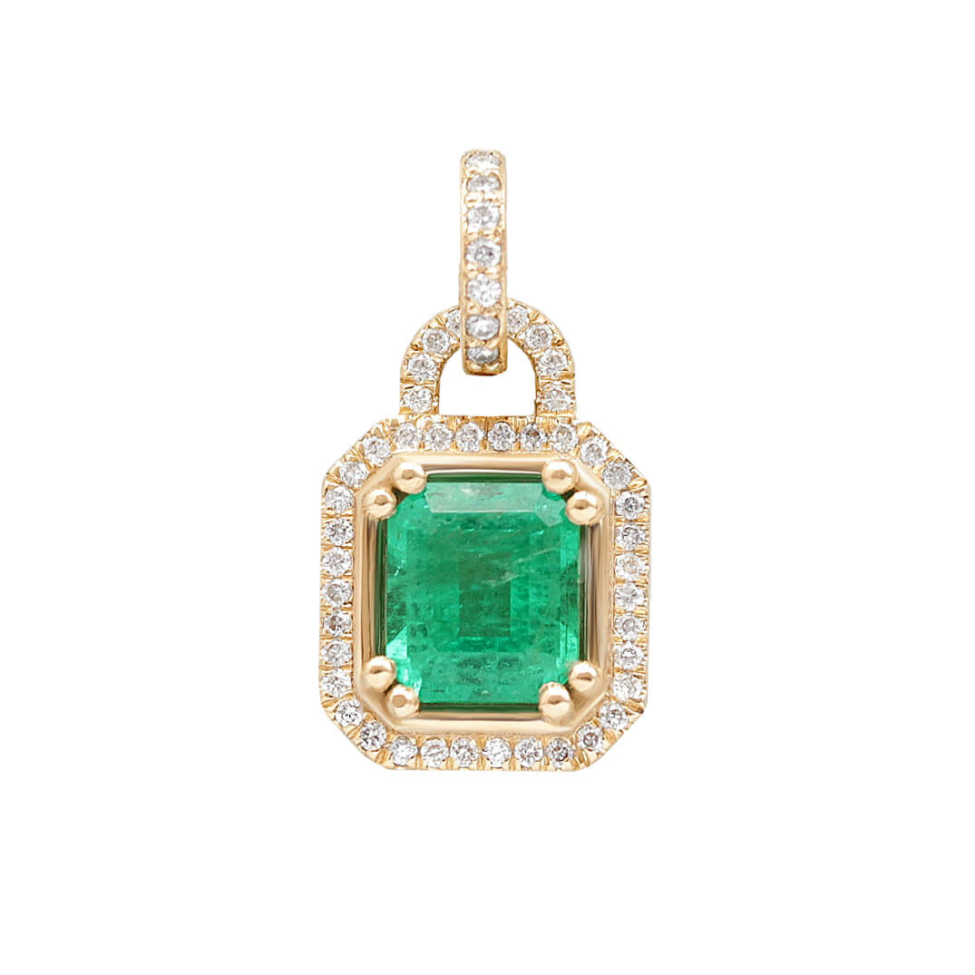 Lock Design Yellow Gold Halo Emerald Cut Emerald Sapphire Pendant Necklace For Women