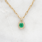 Lock Design Yellow Gold Halo Emerald Cut Emerald Sapphire Pendant Necklace For Women