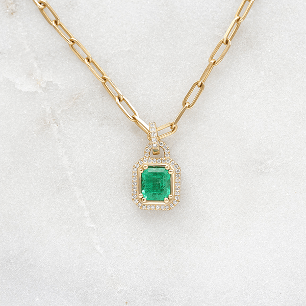 Lock Design Yellow Gold Halo Emerald Cut Emerald Sapphire Pendant Necklace For Women