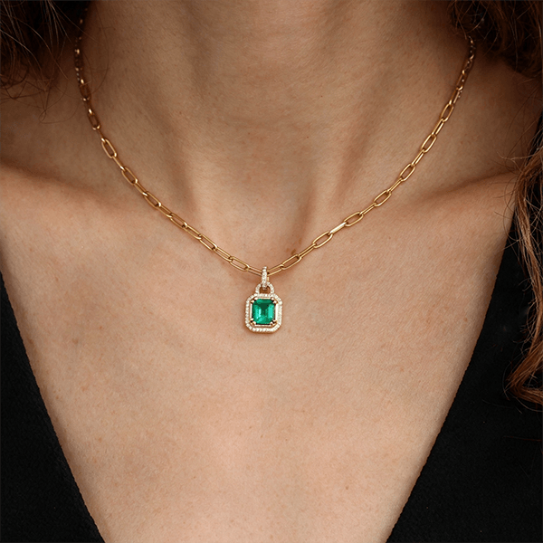 Lock Design Yellow Gold Halo Emerald Cut Emerald Sapphire Pendant Necklace For Women