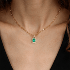 Lock Design Yellow Gold Halo Emerald Cut Emerald Sapphire Pendant Necklace For Women