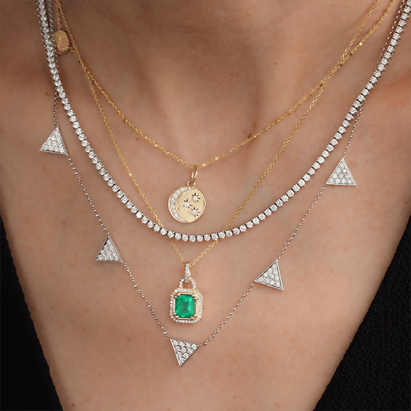 Lock Design Yellow Gold Halo Emerald Cut Emerald Sapphire Pendant Necklace For Women