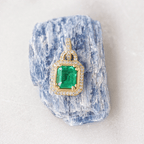 Lock Design Yellow Gold Halo Emerald Cut Emerald Sapphire Pendant Necklace For Women