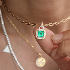 Lock Design Yellow Gold Halo Emerald Cut Emerald Sapphire Pendant Necklace For Women