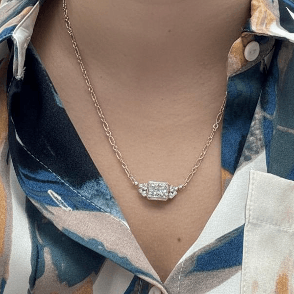 Unique Design Yellow Gold Bezel Radiant Cut White Sapphire Pendant Necklace For Women