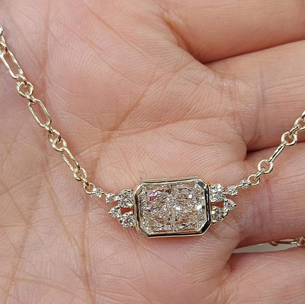 Unique Design Yellow Gold Bezel Radiant Cut White Sapphire Pendant Necklace For Women