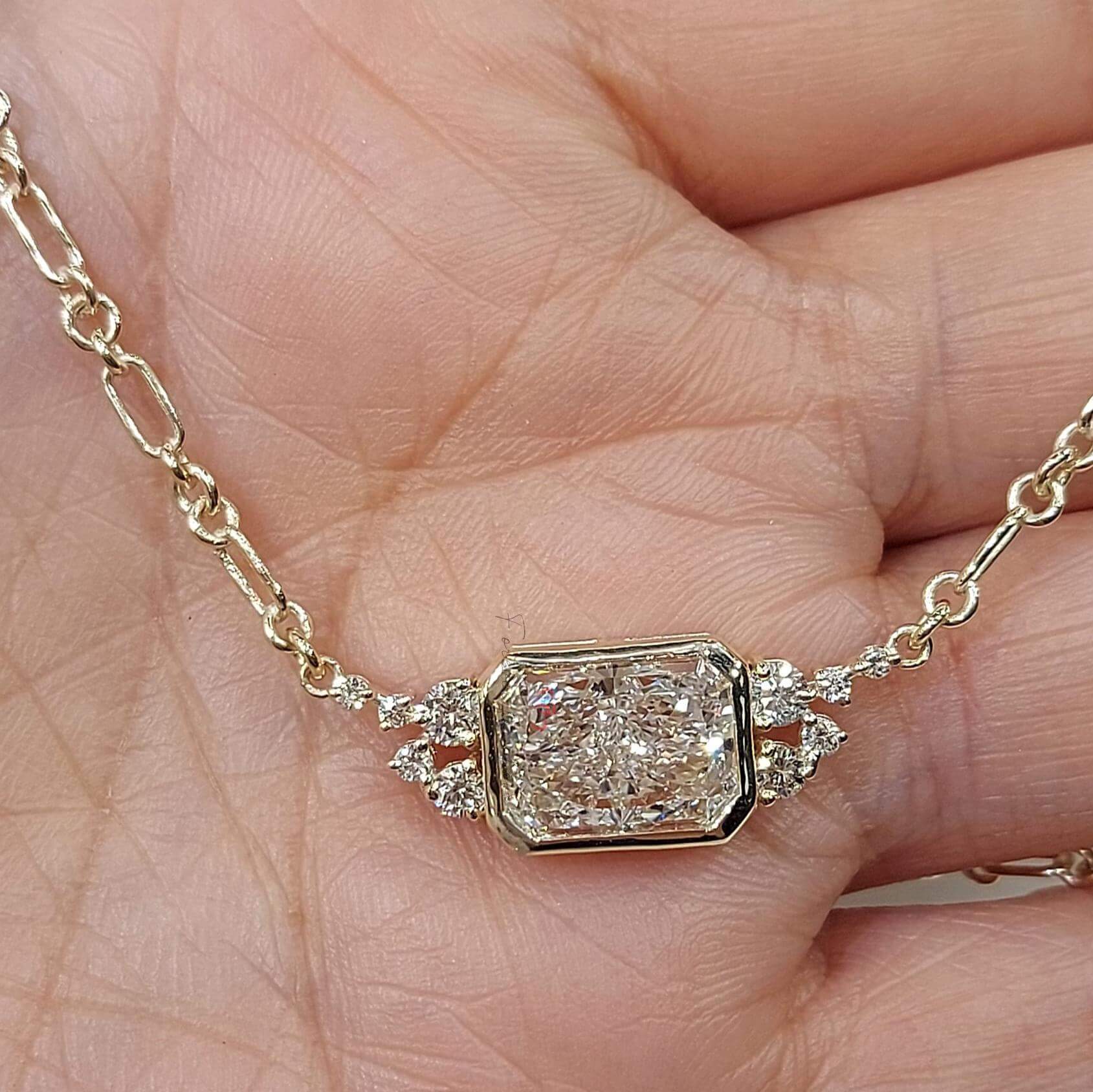 Unique Design Yellow Gold Bezel Radiant Cut White Sapphire Pendant Necklace For Women
